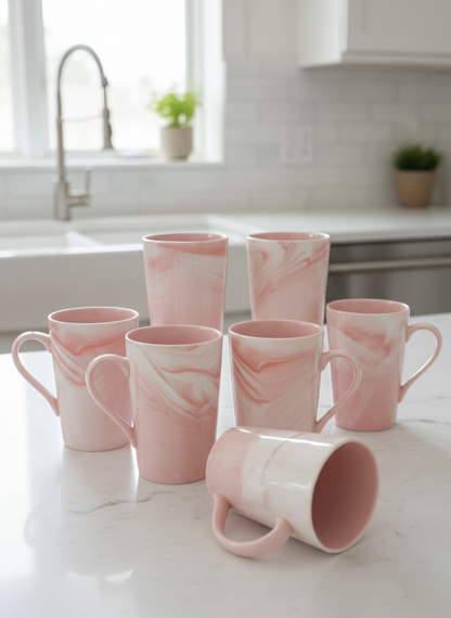 Set of 6 pink smooth mugs for serving beverages.