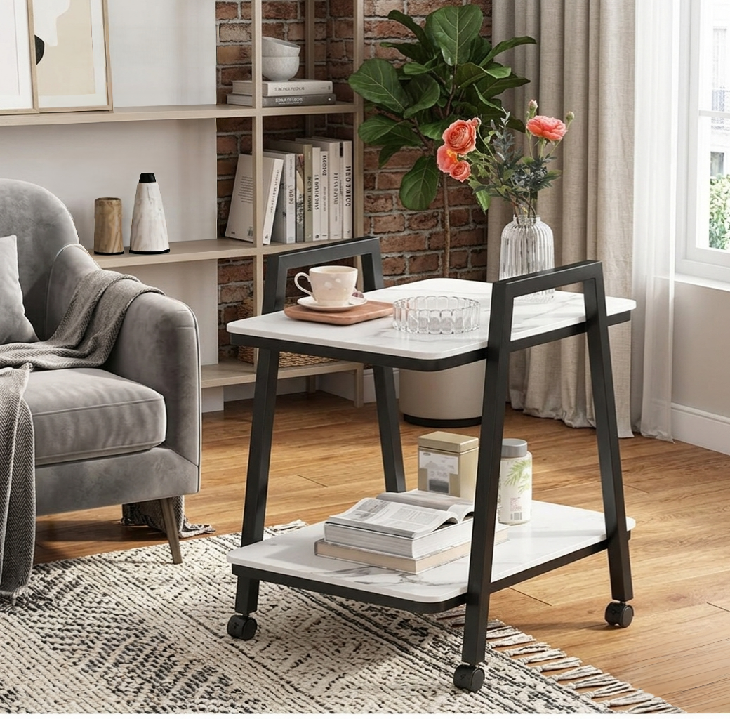 2-Tier Rolling side table with marble top and lockable casters for home or office use