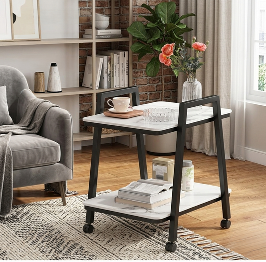2-Tier Rolling side table with marble top and lockable casters for home or office use