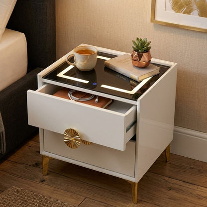 Wooden bedside cabinet with LED light and black glass top, modern nightstand 50x40x48cm. 