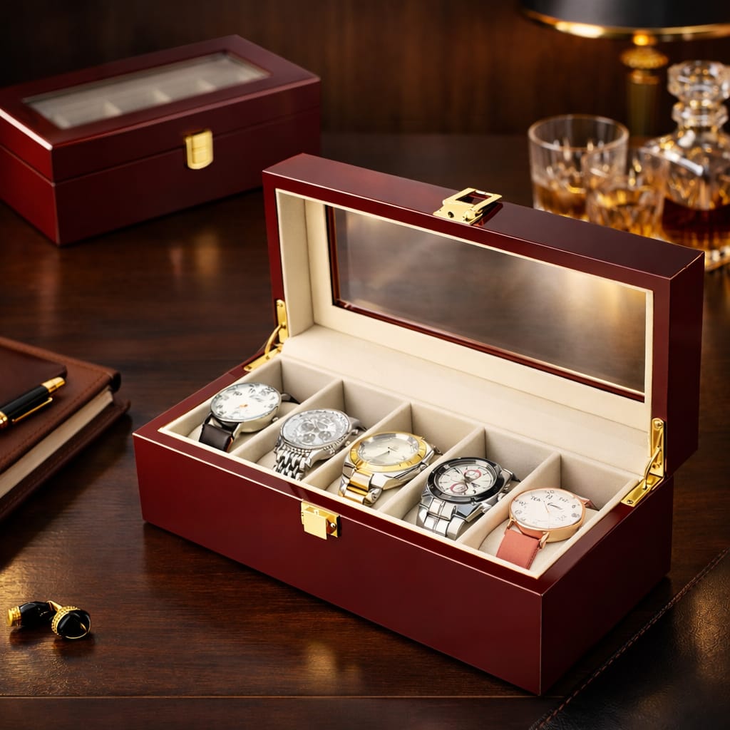 Glossy wooden 5-slot watch case for home storage and travel organization