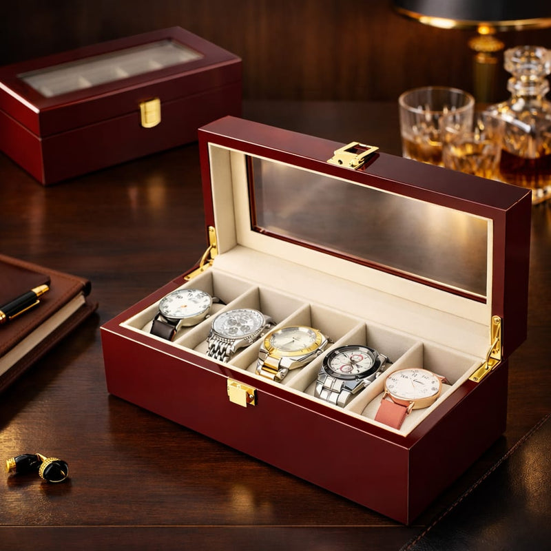 Glossy wooden 5-slot watch case for home storage and travel organization