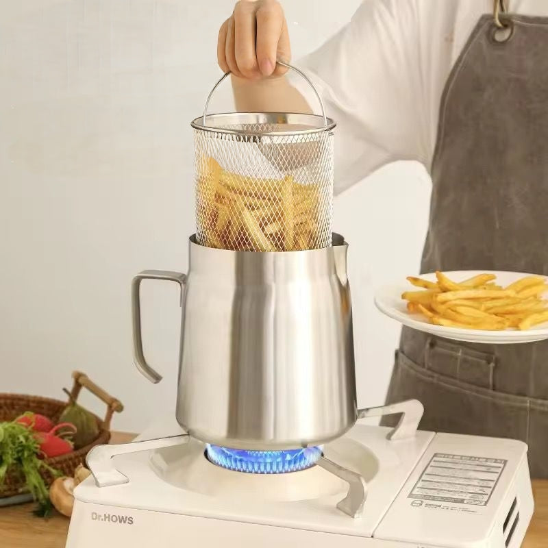 Stainless steel oil strainer pot with frying basket and built-in filter.