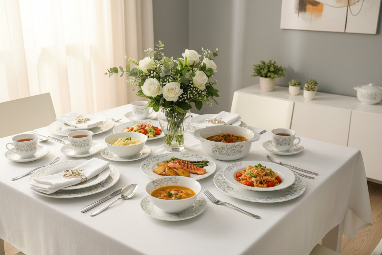 58 Piece ceramic dinner set with plates, bowls, teapot, cups, and serving dishes for complete dining setup
