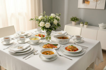 58 Piece ceramic dinner set with plates, bowls, teapot, cups, and serving dishes for complete dining setup