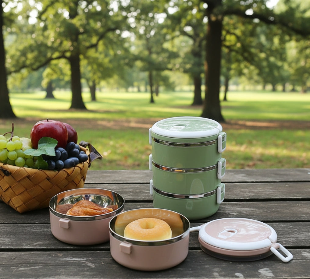 Stainless steel insulated lunch box with double and triple compartments.