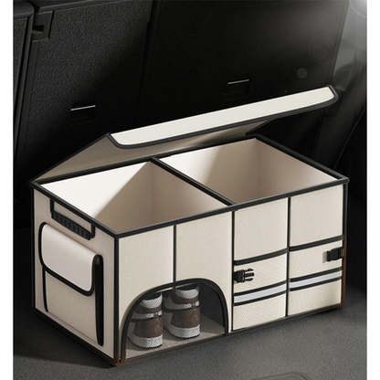 Foldable car trunk storage box organizer made of Oxford fabric in beige and grey