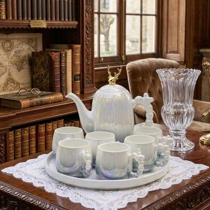 9Pc Gold Deer Lid Accent Tea Set