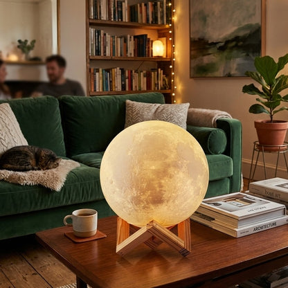 3D Printed Moon Lamp Lunar Night Light with Wooden Stand