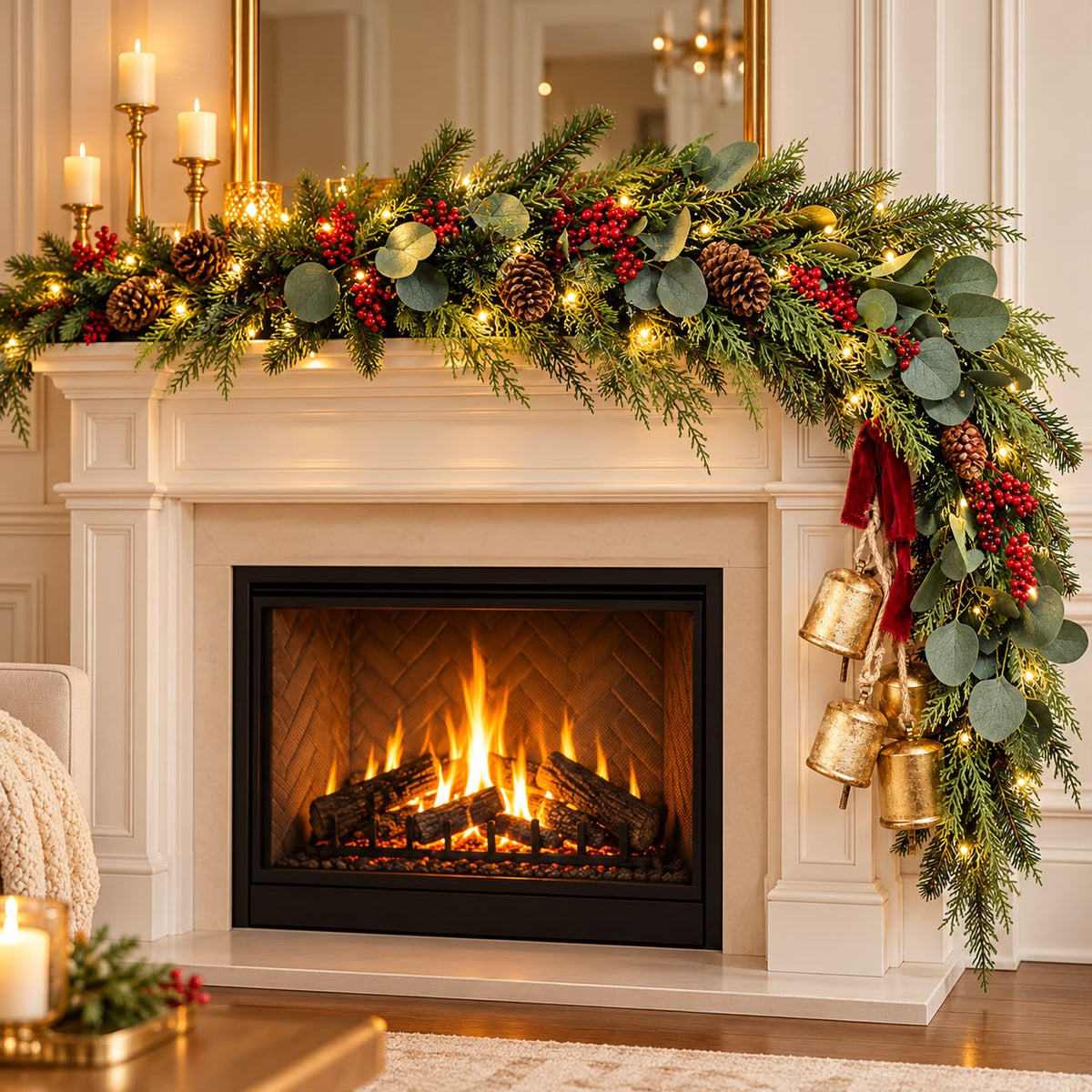 270cm Christmas Garland with 50 LED Lights, Lifelike Green Branches and 3 AA Battery Operation 