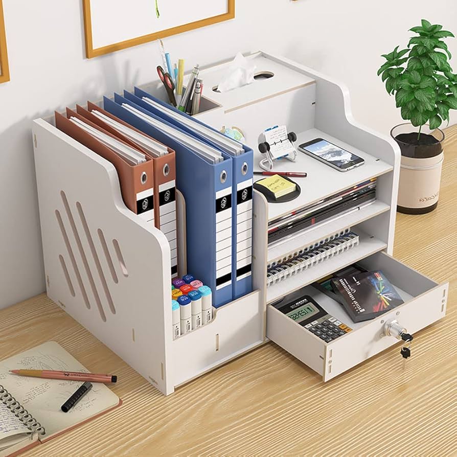 Bamboo Desk Organizer with Drawer and Lock