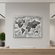 Framed world map oil painting with textured detailing designed for offices, study rooms, and contemporary living spaces.
