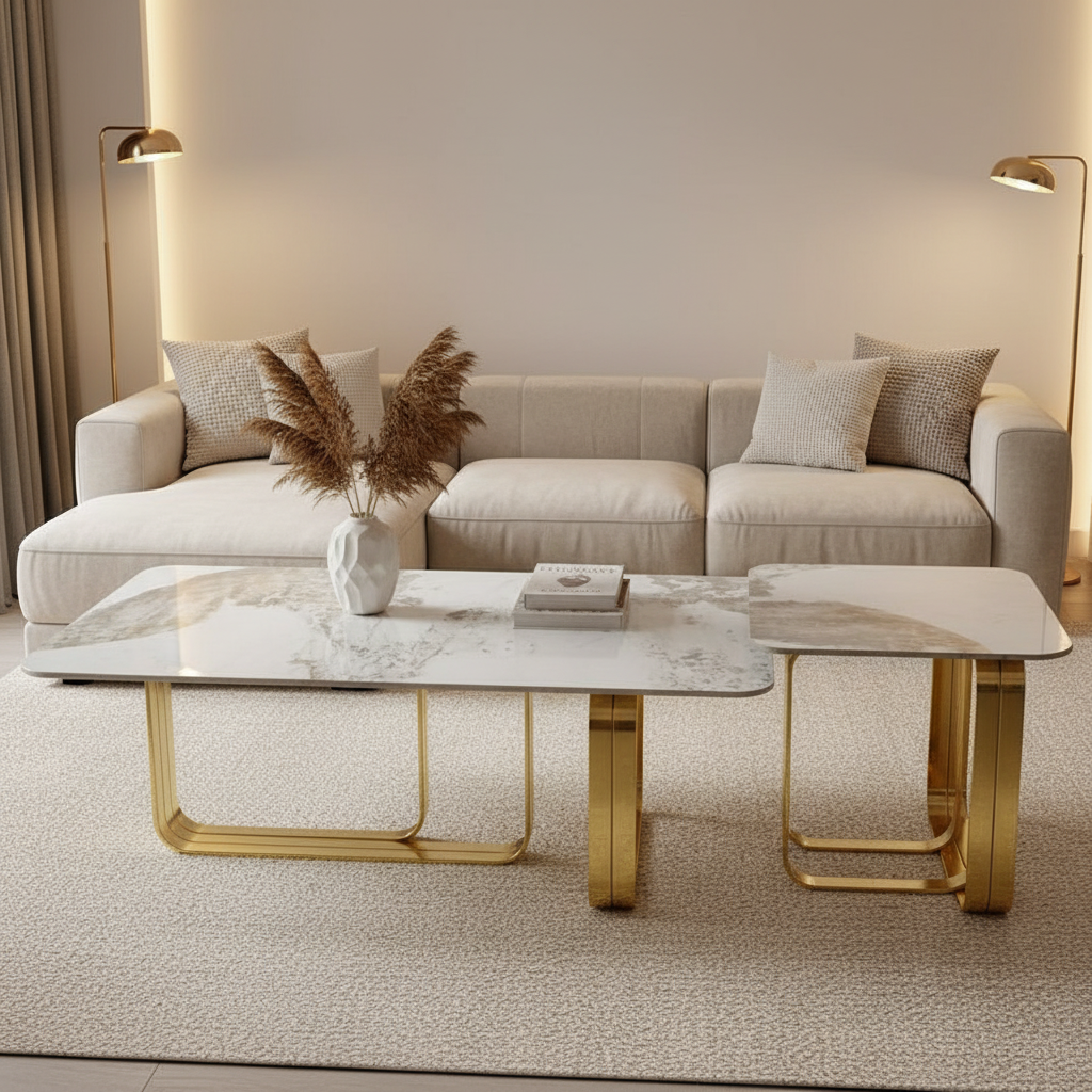 Dawood Lifestyle & Gadgets kes 2-piece nesting coffee table set with white marble top, grey and gold veining, and gold stainless steel geometric frame for luxury living room décor.