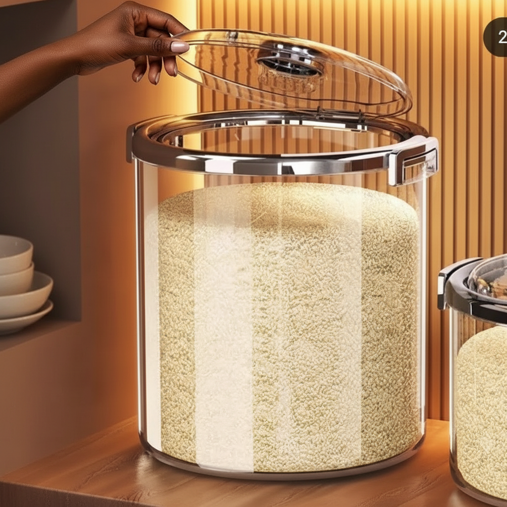 5kg transparent acrylic airtight rice bucket with flip top lid.