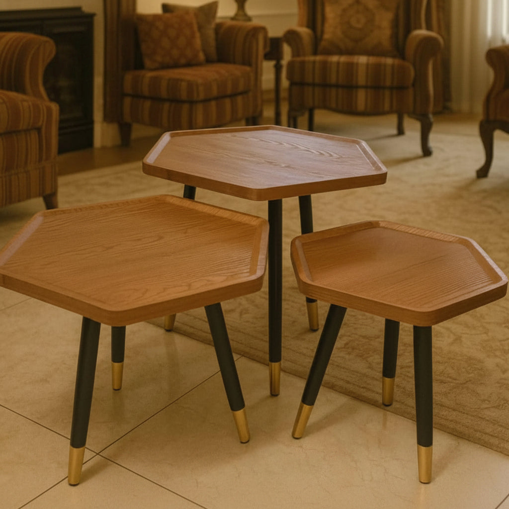 piece hexagonal nesting table stools with MDF tops and black metal legs with gold feet