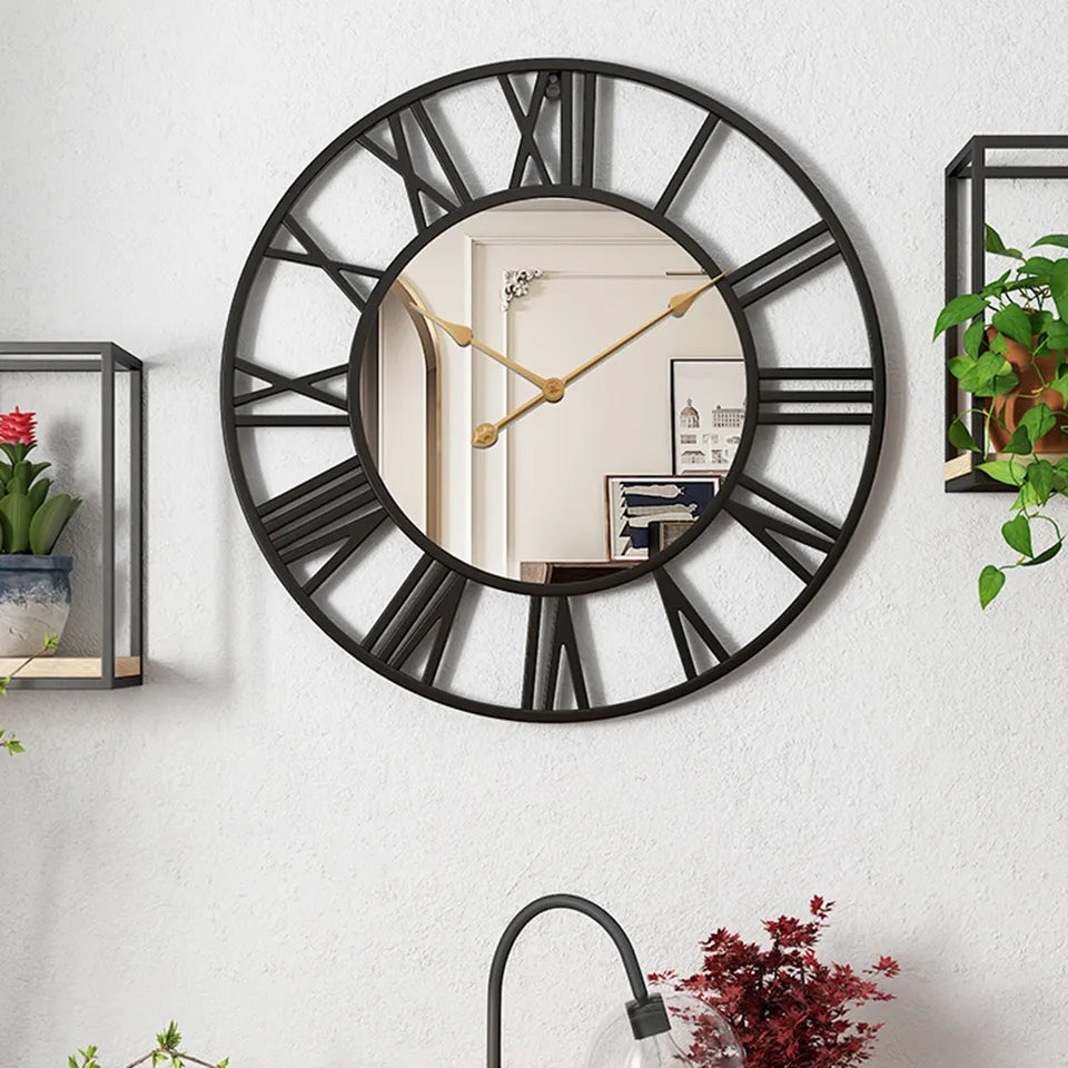 Metal Mirror Wall Clock with Roman Numerals