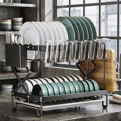 Modern black 2 tier foldable kitchen dish drying rack with removable drain tray and utensil holders