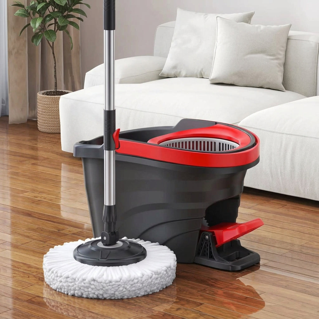 Black spin mop bucket with foot pedal for hands-free wringing and efficient floor cleaning