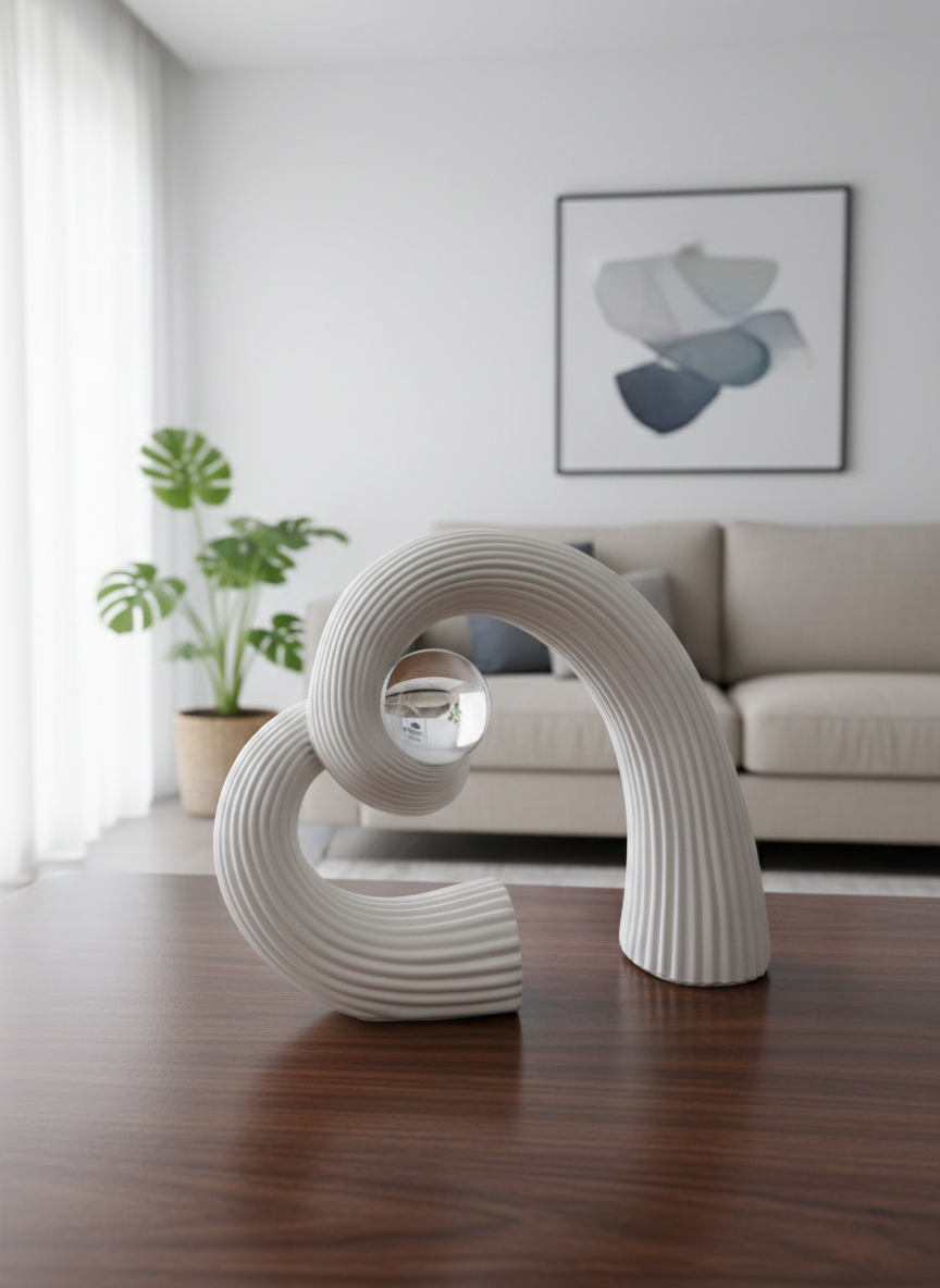 Nordic resin abstract heart sculpture with clear pearl for tabletop décor.