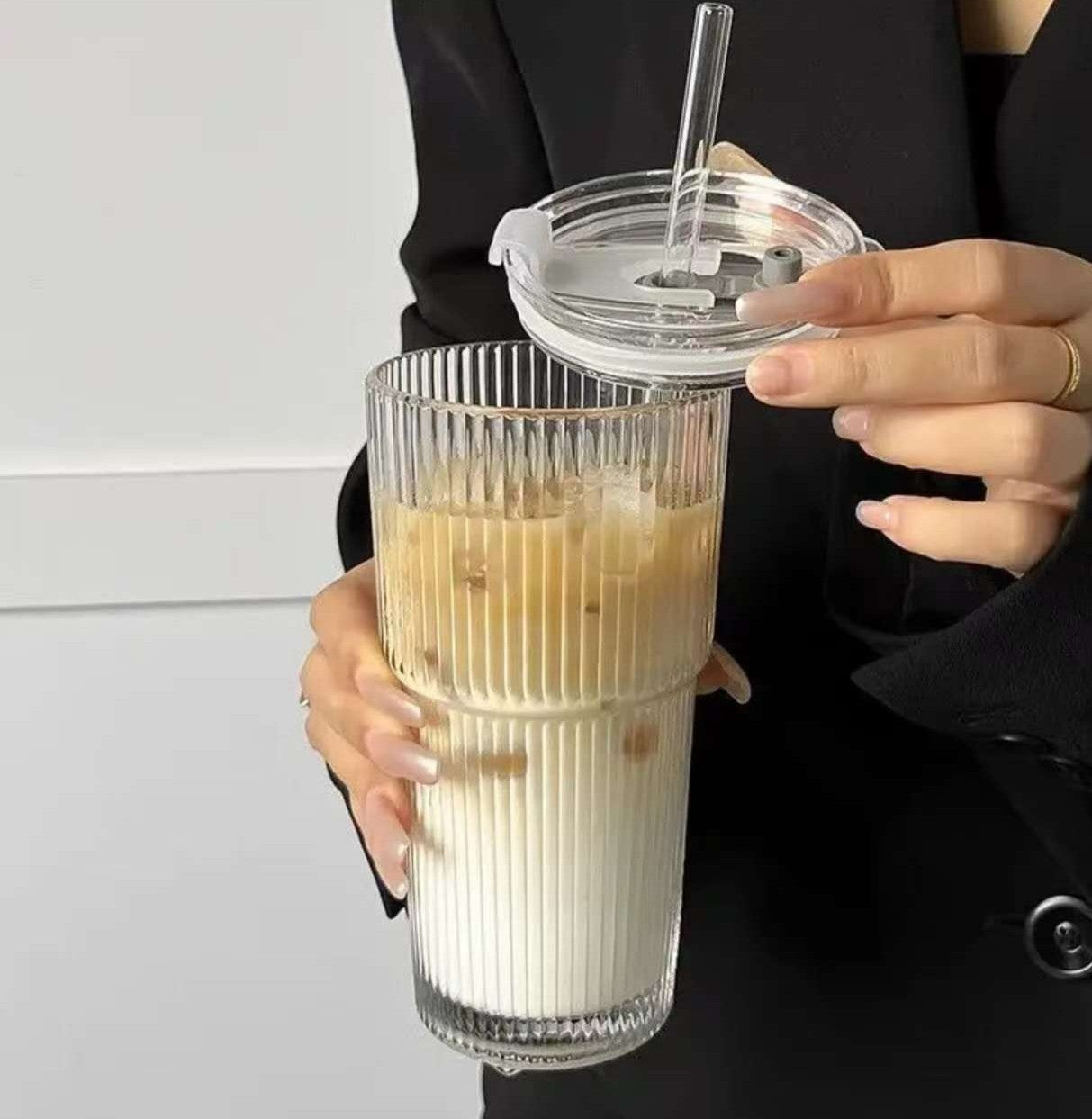 Vertical Striped Glass Cup with Lid
