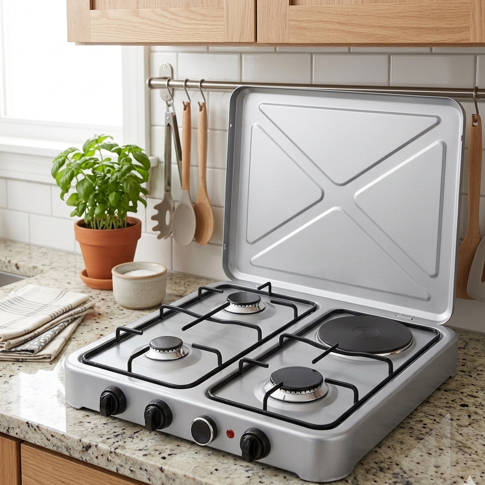 3 Gas and 1 electric table top burner cooker for convenient multi-function kitchen cooking