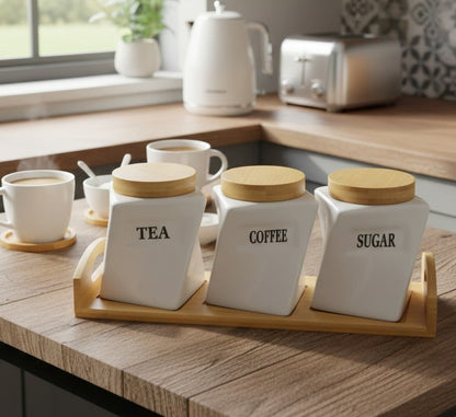 3Pc Ceramic Canister with Bamboo Lids and Tray