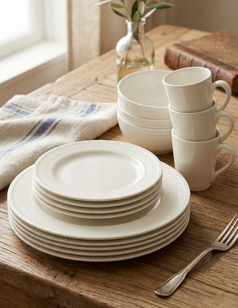 24-piece ceramic dotted dinnerware set including dinner plates, side plates, bowls, and cups for modern dining.