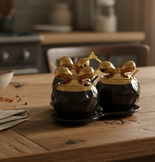 Three piece Nordic luxury ceramic seasoning jar set with lids, spoons, and tray