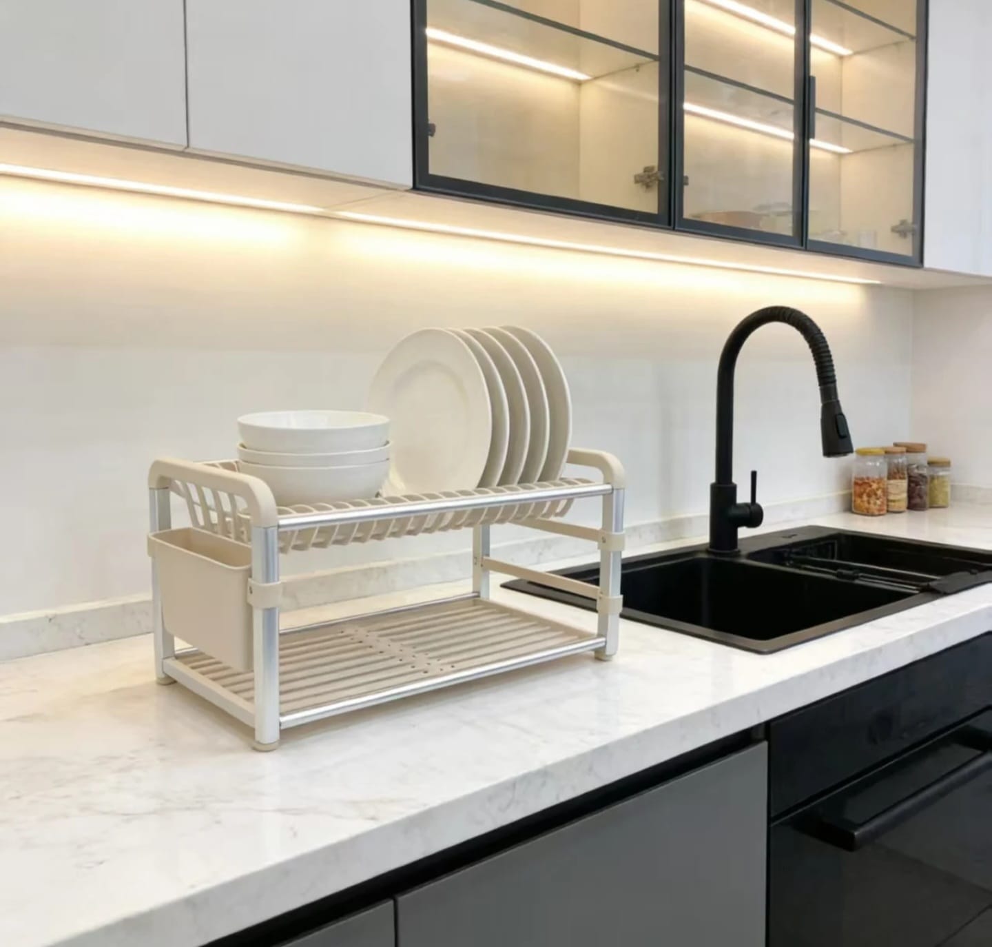 2 tier rust resistant aluminum dish drying rack with removable draining tray, plate slots, mug hooks, and cutlery holder.