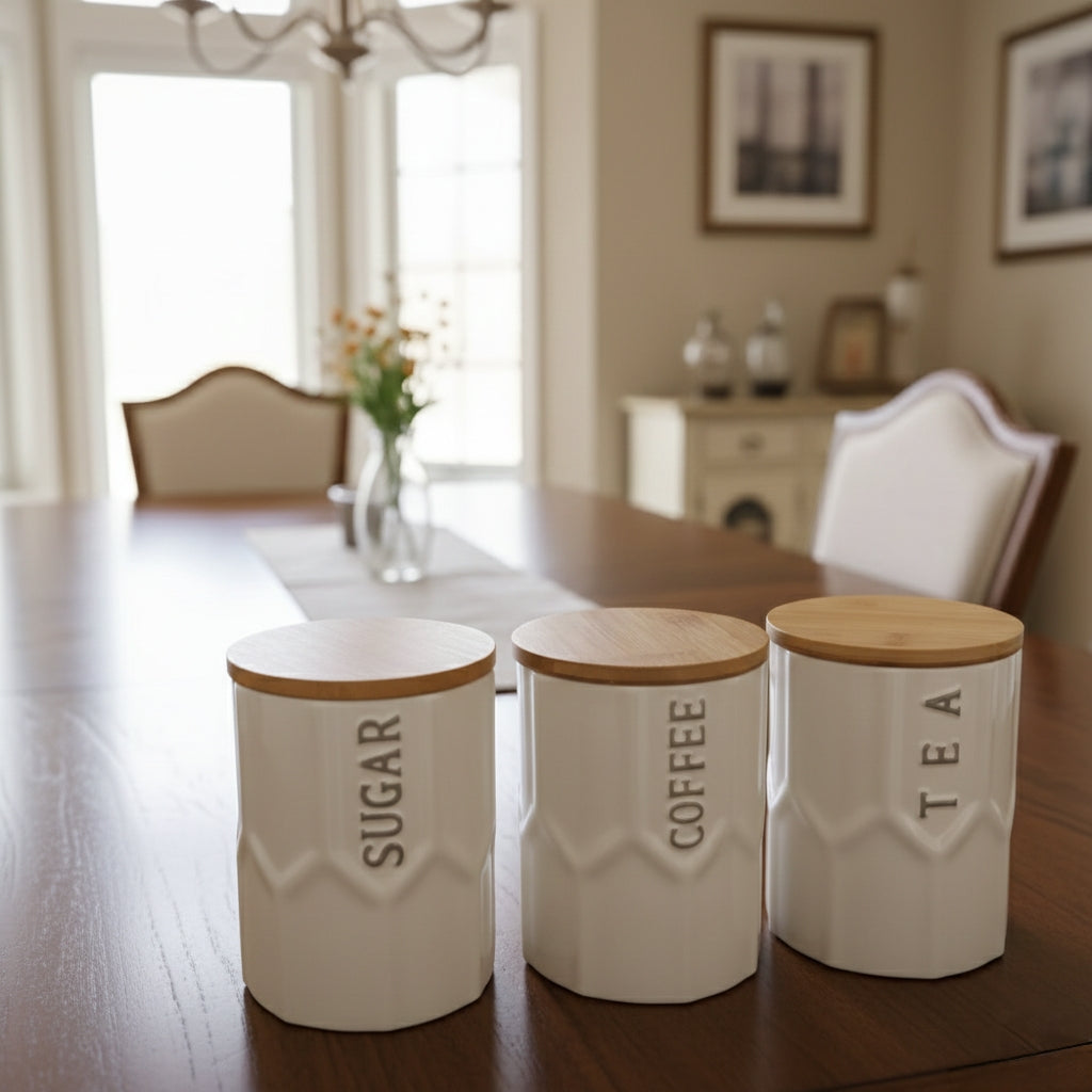 Three ceramic kitchen canisters with airtight lids arranged on a bamboo tray.
