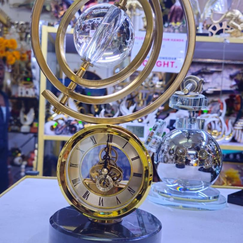 Gold Table Clock with Crystal Sphere and Marble Base