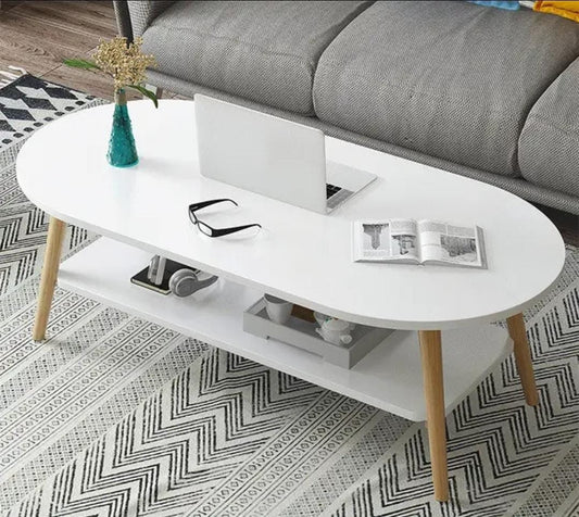Modern oval 2-tier coffee table in light white with storage, suitable for small living rooms or bedroom use