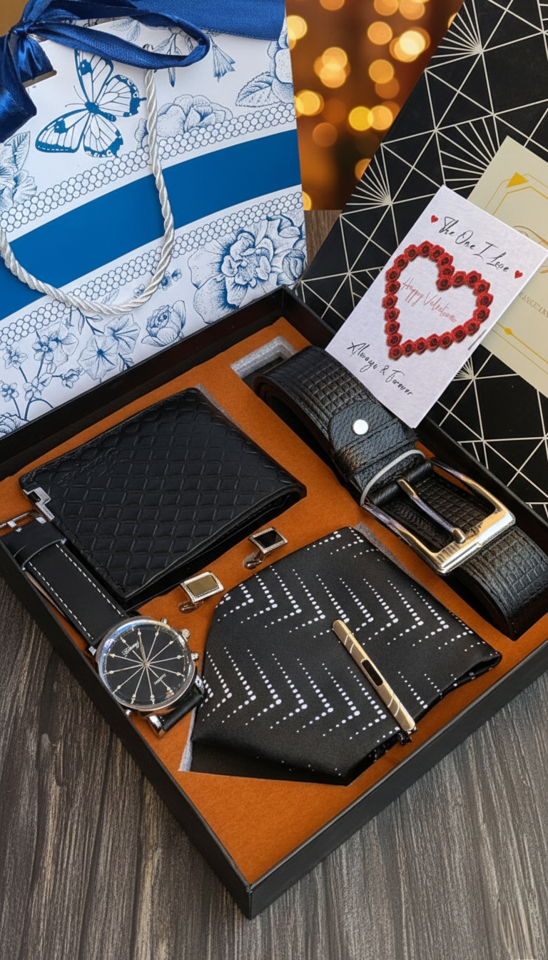 Men’s Valentine gift pack including watch, tie, belt, wallet, cufflinks, card, and gift bag.