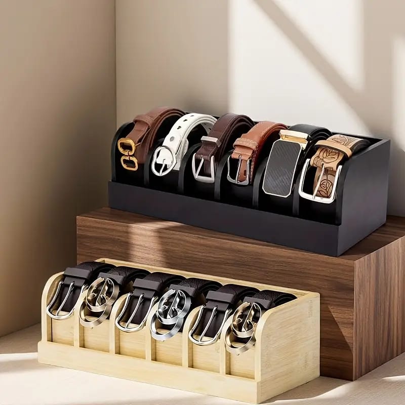 Six slot bamboo belt organizer available in black and brown for neat and space saving wardrobe storage