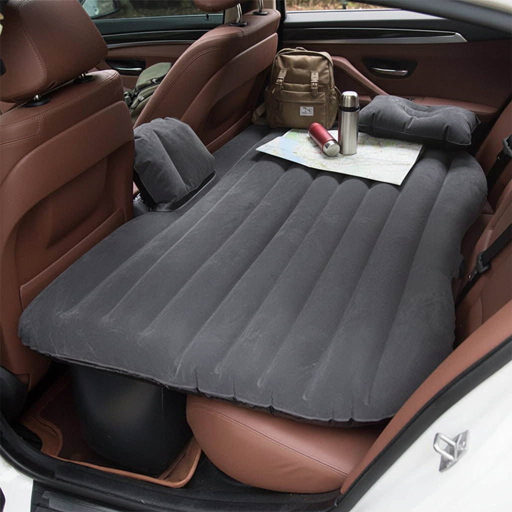 Universal inflatable car back seat mattress with pump for travel and camping.