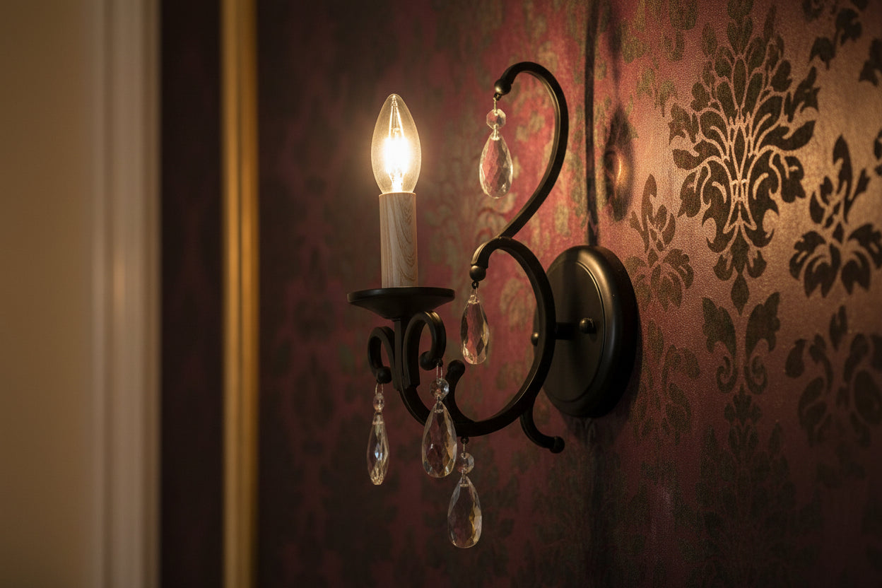 Black iron wall lamp with crystal detailing and E14 socket, decorative indoor lighting fixture