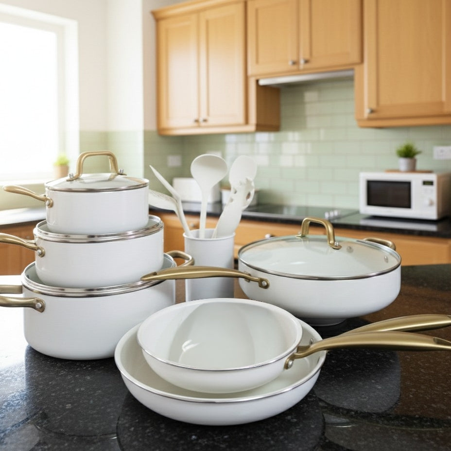 15Pcs Ceramic Cookware Set With Silicone Utensils