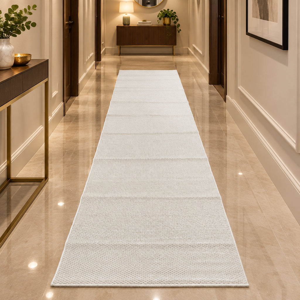 Long woven hallway corridor rug measuring 80 × 300cm with non slip design in grey, brown and white