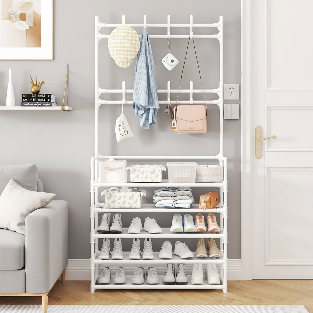 4 layer detachable metal shoe rack with 8 double hooks large capacity shoe organiser and coat stand available in white and black 80x26x170cm for entryway and bedroom storage.