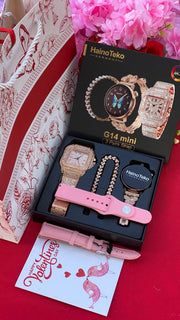 Valentines smart watch gift pack with Haino Teko G14 Mini, iced watch, stainless steel bracelet, and extra straps