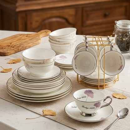 30pc fine bone china dinner set with cups, saucers, bowls, soup plates, and plates for elegant dining. 🍽️✨
