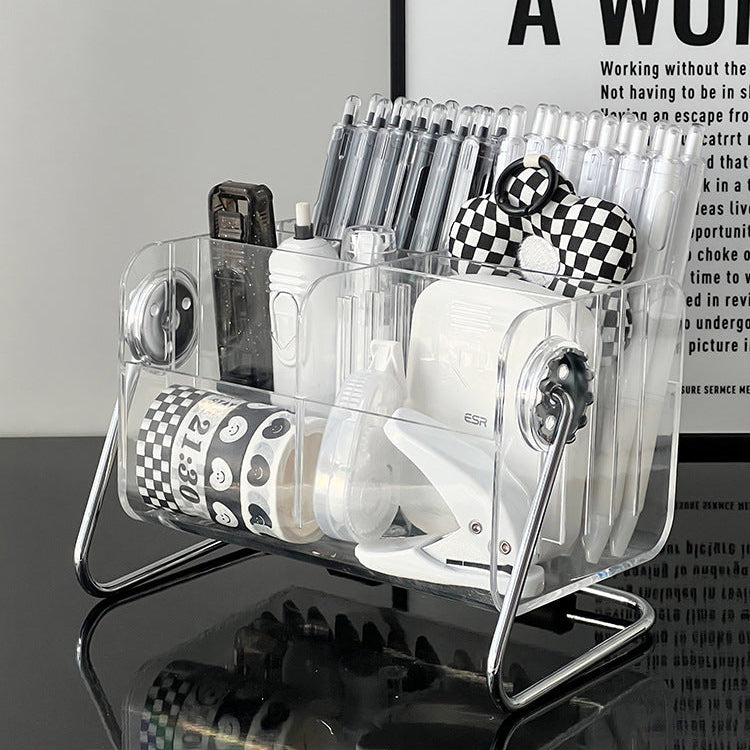 Transparent acrylic rotating storage box with six compartments for organizing stationery, makeup, and desktop accessories