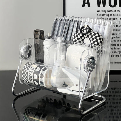 Transparent acrylic rotating storage box with six compartments for organizing stationery, makeup, and desktop accessories