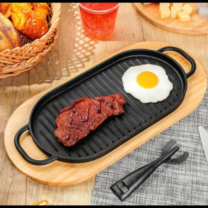Cast Iron Grill Pan With Wooden Base