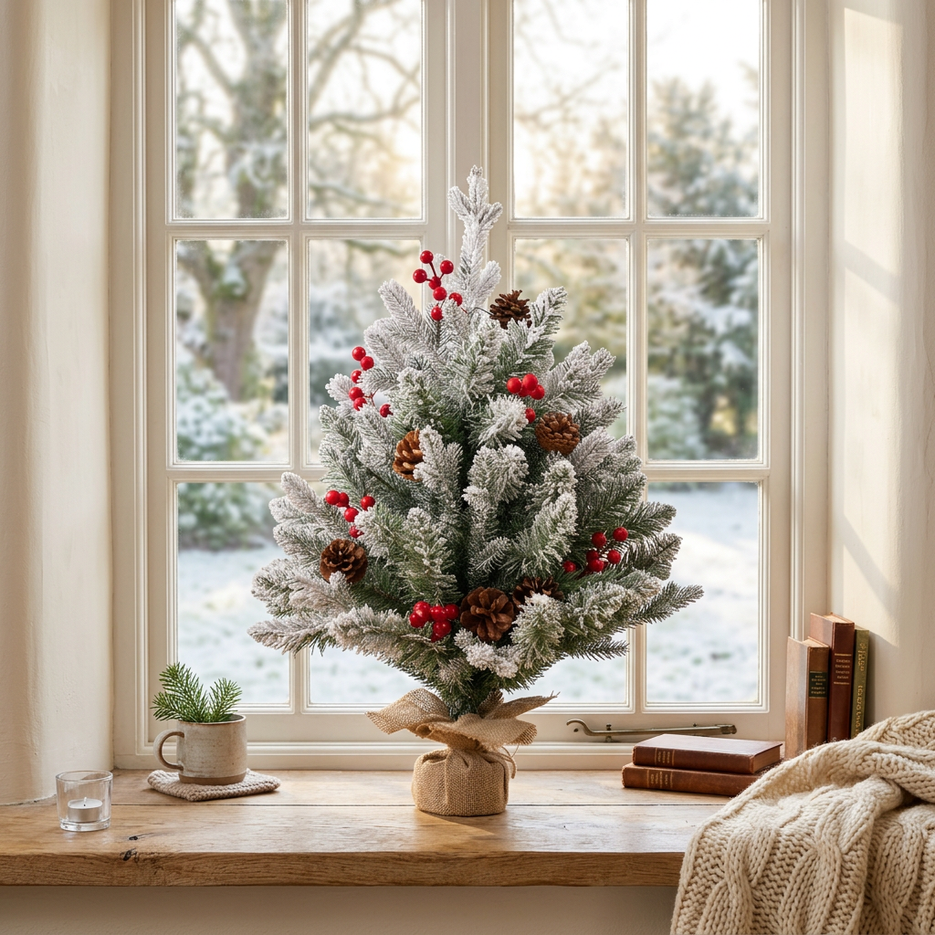 45cm Snow-Covered Christmas Tree Decoration with Wooden Base