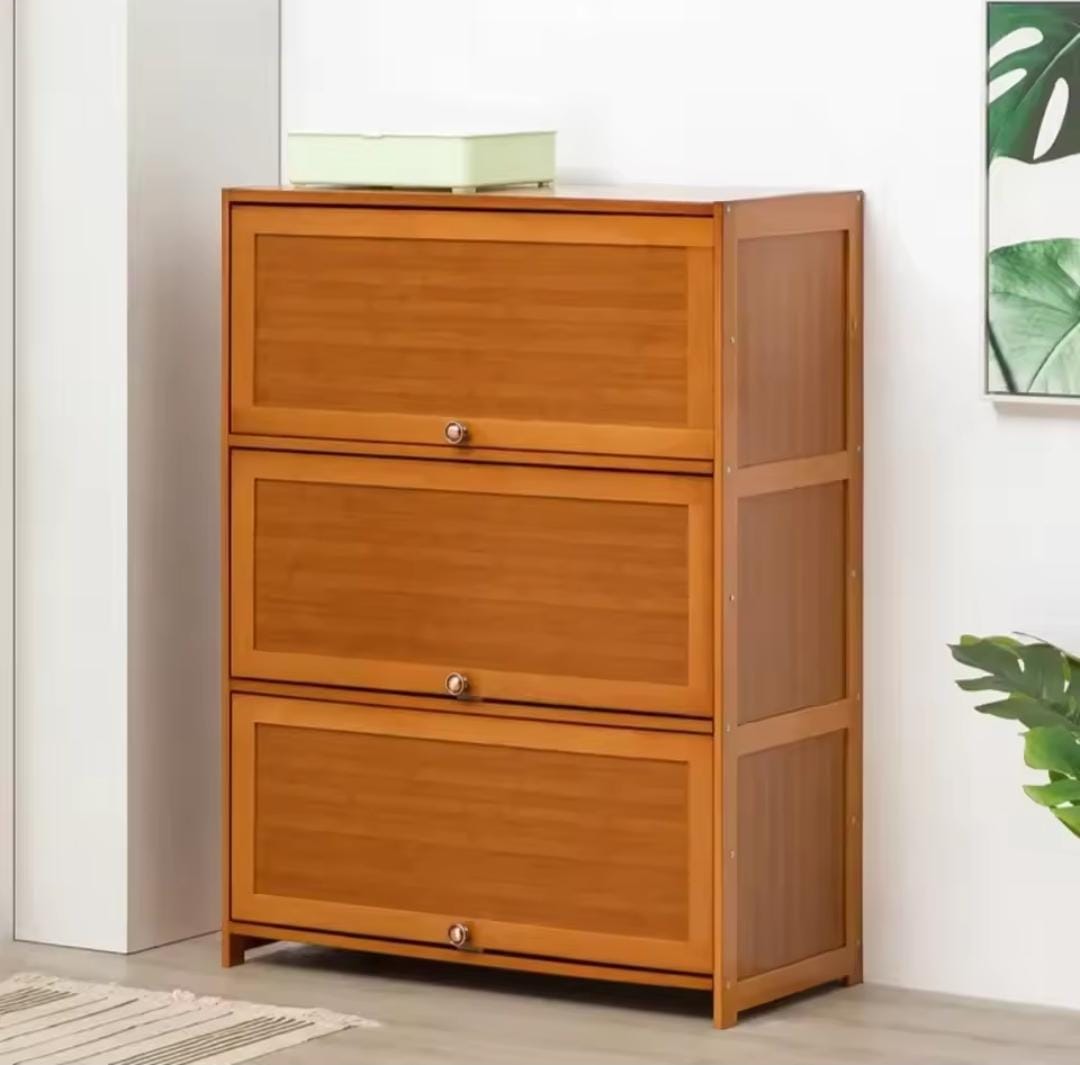 Flip Side bamboo multi-tier shoe cabinet with dust- and moisture-resistant doors for home storage
