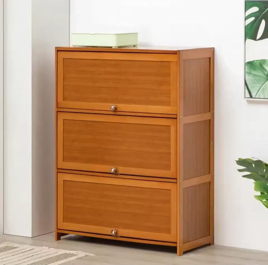 Flip Side bamboo multi-tier shoe cabinet with dust- and moisture-resistant doors for home storage