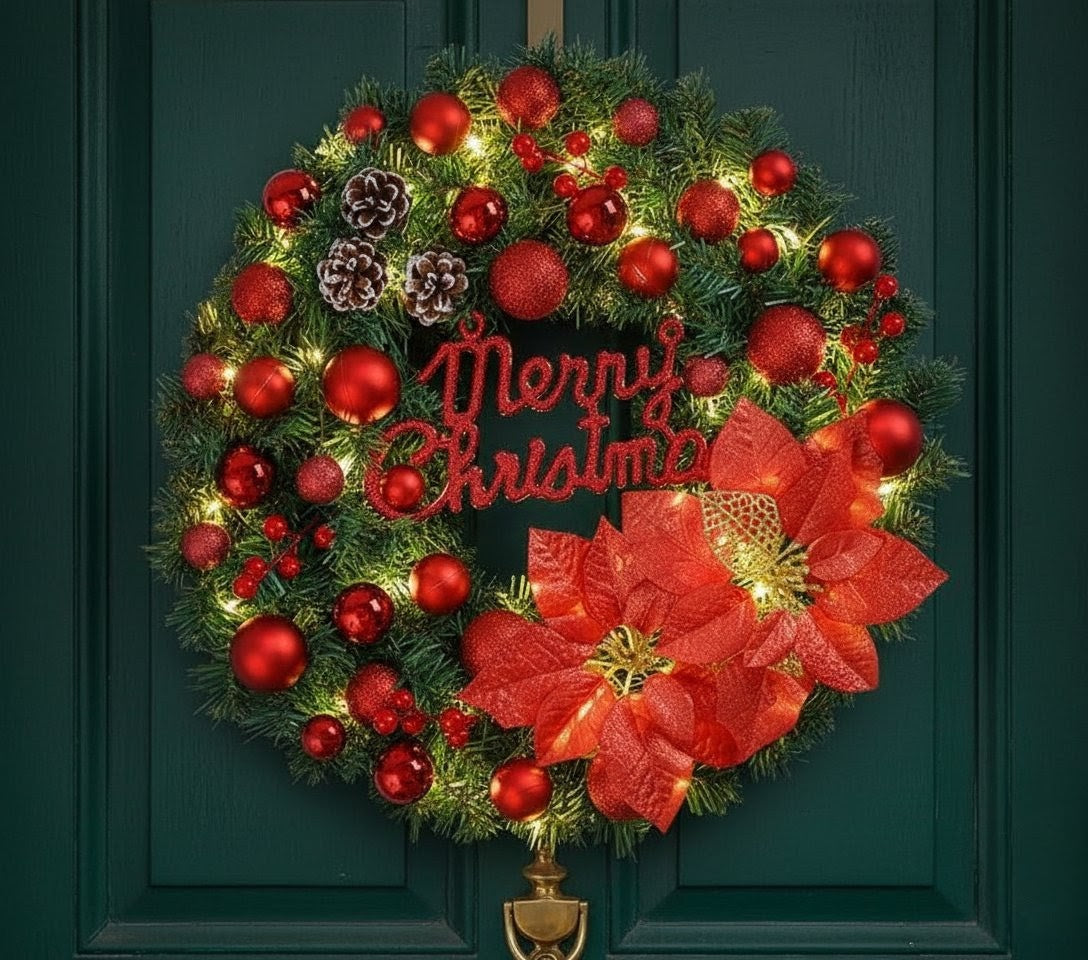 Christmas Door Wreath Decor With Lights And Ornaments