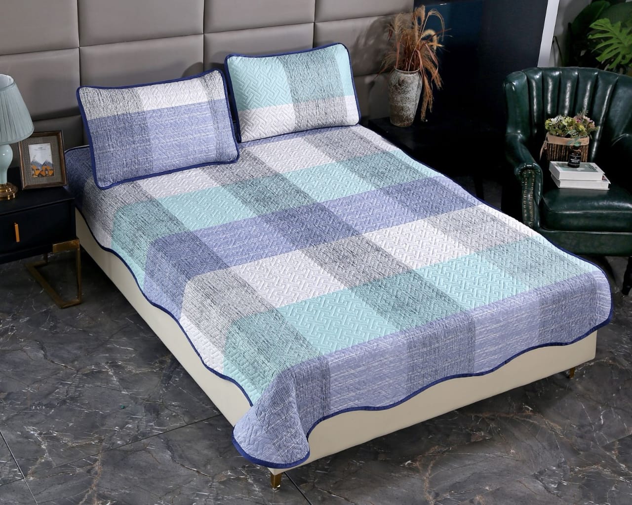 Warm bedcover set with two matching pillowcases for bedroom use.