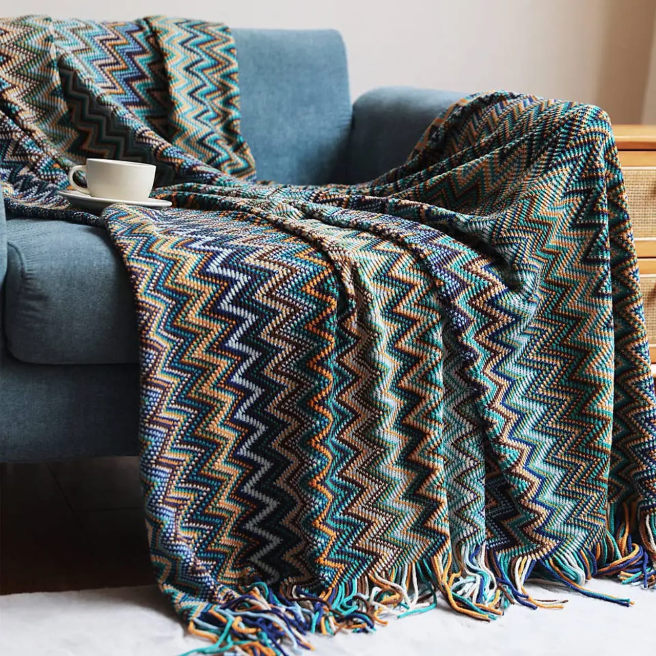 Bohemian Knitted Throw Blanket With Tassels